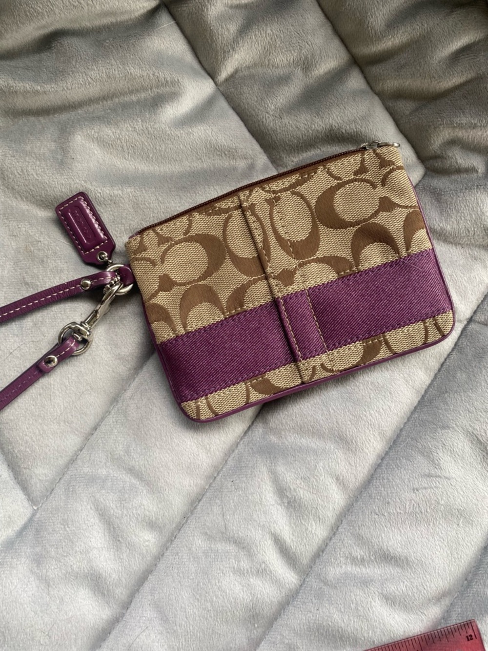 Coach Khaki Signature Canvas Wristlet with Berry Stripe